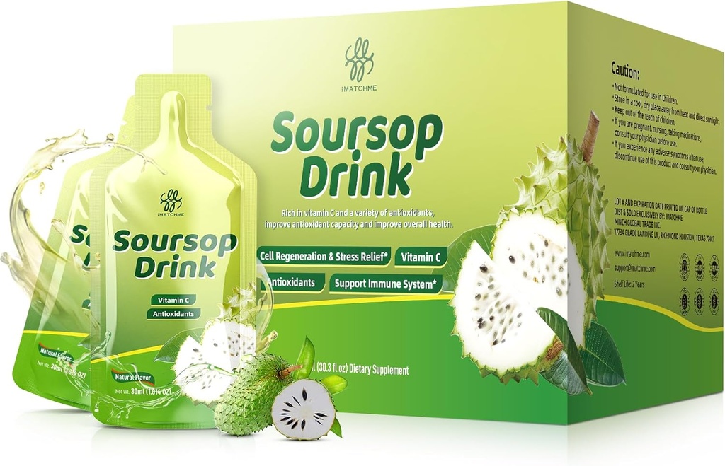 iMATCHME Soursop Bitters Liquid, Soursop Drink con Graviola Fruit Extract e Vitamina C per Cell & Immune Support, Antiossidanti e Salute Digestiva, Sapore Naturale, 30 oz (30 Pacchetti)
