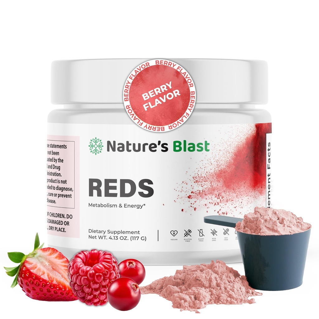 Reds - Metabolismus und Energie-Superfood-Pulver mit 23 roten Früchten, 4 Adaptogenen, Probiotics & Enzymes - Vegan Antioxidant Blend, 1 Flasche