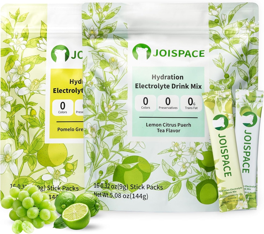 JOISPACE Elektrolyt-Getränk-Mix mit Tee-Polyphenole | Schnelle Hydration & Elektrolyte Boost | Non-GMO, Vegan, Gluten-Free | Pomelo Tee & Lemon Lime Tee, 32 Portionen
