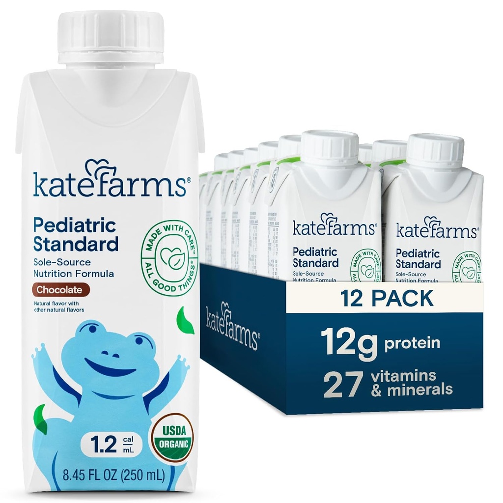 KATE FARMS Organic Pediatric 1.2 High Calorie Chocolate Nutrition Shake, 12g Protein, 27 Vitamine e Minerali, Meal Sostituzione, 8.45 oz (12 confezione)