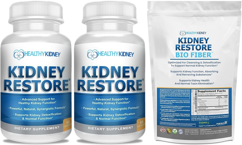 Nettoyage du rein et supplément pour la santé du rein pour soutenir la fonction rénale normale 60 capsules-2 Pack + Bio Fibre, Nettoyage du rein Detox & Réparation - Restructuration Rein Support & Supplément Rein 2.5 LBS