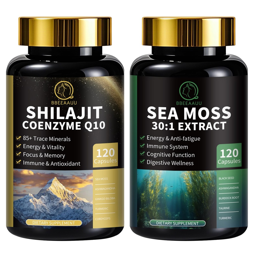 Shilajit per gli uomini, Moss del mare e Shilajit Bundle, Tutti in 1 Integratori con Coenzyme Q10, Black Seed, Ashwagandha, Taurine, Burdock per l'energia, Endurance, Antiossidante & Supporto immunitario, 240 Capsule