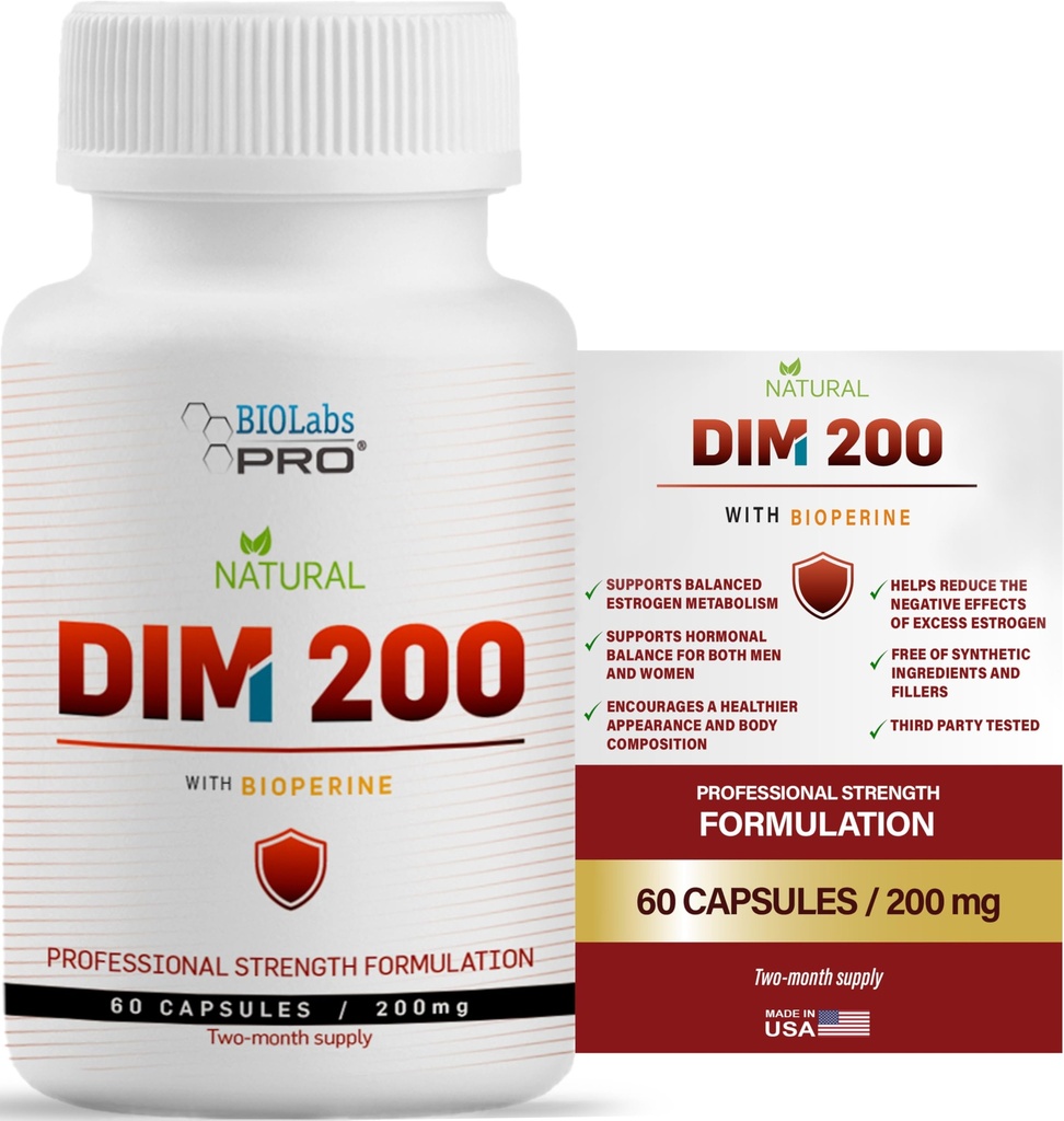 DIM Supplément pour les femmes et les hommes, DIM 200mg Supplément oral Équilibre hormonal, Équilibre hormonal pour les femmes et les hommes, Diindolylméthane Capsules végétariennes sans gluten (60 capsules - 2 mois d'approvisionnement)