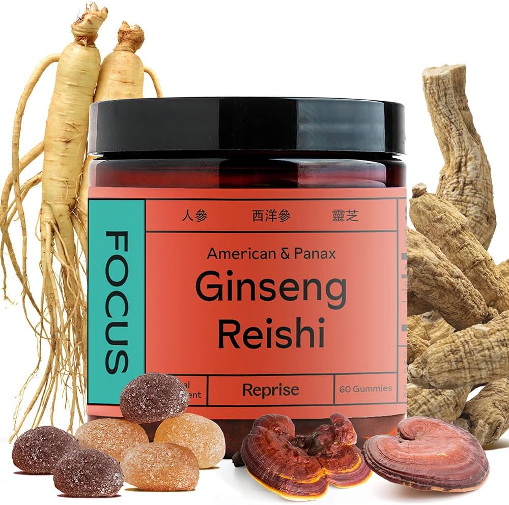 Fokus Gummis mit American Ginseng, Korean Panax Ginseng & Reishi Extract - Hilft, Energie und Stimmung zu unterstützen, Vegan, Low-Sugar, 60 Gummi, Ananas, Loquat & Erdbeeren Flavor