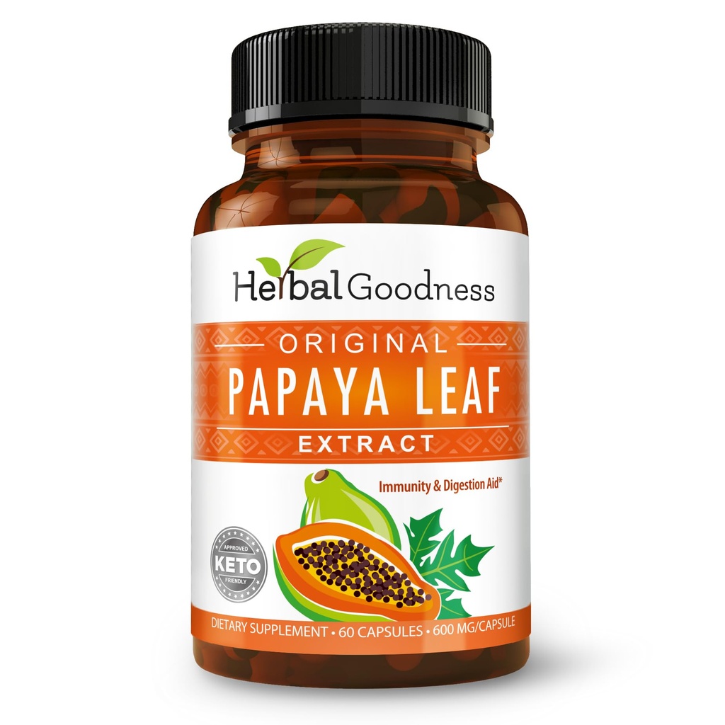 Estratto di foglie di Papaya Enzimi digestivi - 10X Resistenza 60/600mg Veg Capsules- Piatto di sangue, Bone Marrow & Spleen Supporto, Gut Immune & Super Digestive Health - Made in USA by Herbal Goodness