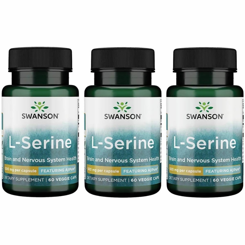 Swanson Ajipure L-Serine - Aminosäure-Ergänzung zur Unterstützung der Gehirngesundheit & Nervous System Funktion - Natürliche Formel Förderung der kognitiven Funktion - (60 Veggie Kapseln, 500mg Jeder) (3 Packung)