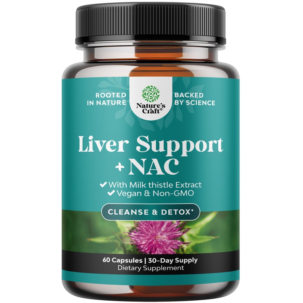 Support du foie Supplément NAC avec le chardon de lait pour nettoyer le foie Détox & Réparation - Supplément N acétyl Cysteine pour nettoyer le foie avec le curcuma, Choline, Dandelion & L-Glutathion - 60 Compte