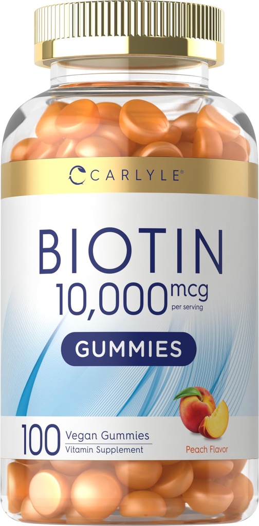 Carlyle Biotin 10000mcg Gummies | 100 Count | Peach Flavor Supplement | Vegan, Non-GMO, Glutenfrei