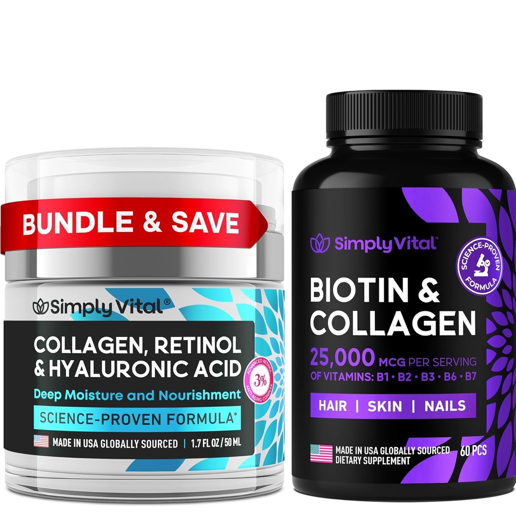 SimplyVital Biotin, Collagen & Retinol Bundle – 5000mcg Biotin for Hair, Skin & Nails + Anti-Aging Retinol & Hyaluronic Acid Cream for Face, Neck & Décolleté – Made in USA