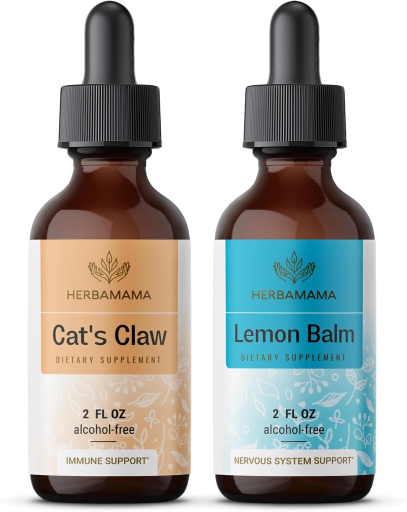 Herbamama Liquid Drops Kit - Bundle of Cat's Claw Extract 2 fl oz and Lemon Balm Tincture 2 fl oz - Vegan Herbal Supplement Liquid Extract - Non OGM, Sugar & Alcohol-Free - 2 Pack