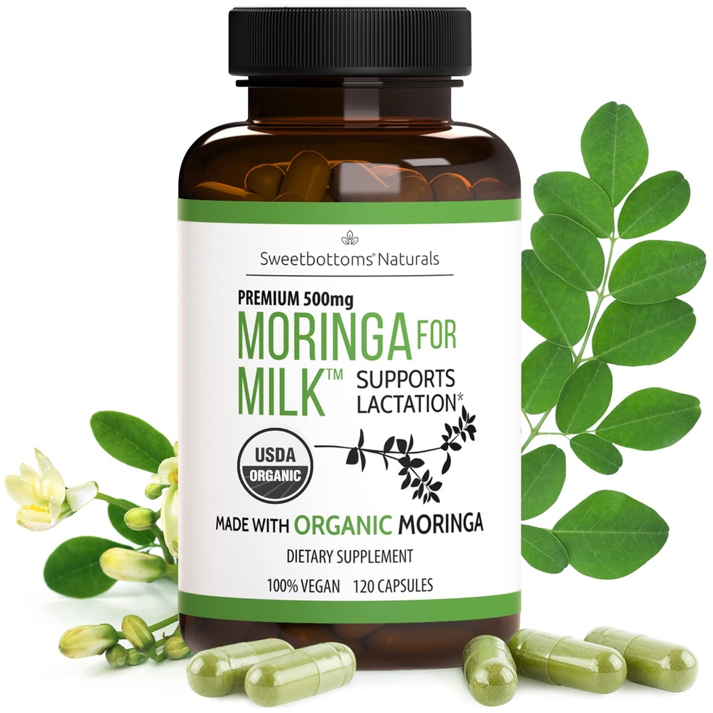 Supplément d'allaitement - Capsules de moringa biologique pour l'allaitement pour augmenter l'offre de lait maternel (120 ct) Pure Malunggay Poudre de feuille pour la production de lait Booster et vitamines postnatales A E K 500mg