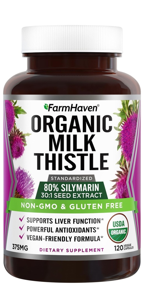 FarmHaven USDA Capsules de chardon de lait biologique (en anglais seulement) 30X Extrait concentré de semences et 80% de Silymarin Standardisé - Soutient la fonction hépatique et la santé générale (en anglais seulement) 120 Capsules végétaliennes