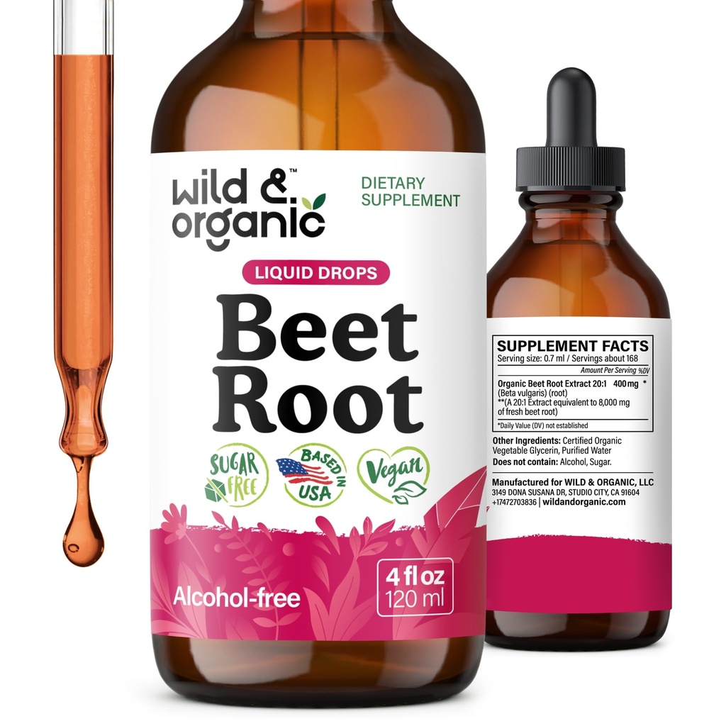 Extrait de racine de betterave sauvage et biologique - 8000 mg Extrait de betterave fraîche - Extrait 20:1 - Suppléments de betteraves rouges liquides - 400 mg par portion - Vegan, alcool et sans sucre - 4 fl oz