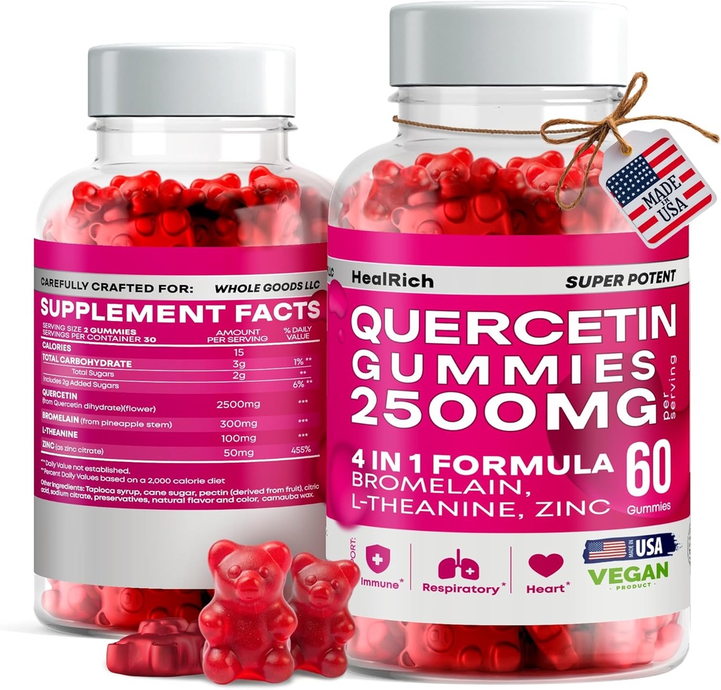 Quercetin Gummies - 2500MG mit Bromelain, L-Theanin & Zink-Vegan-Unterstützung für Kinder & Erwachsene - Allergie-Relief & Lung Health