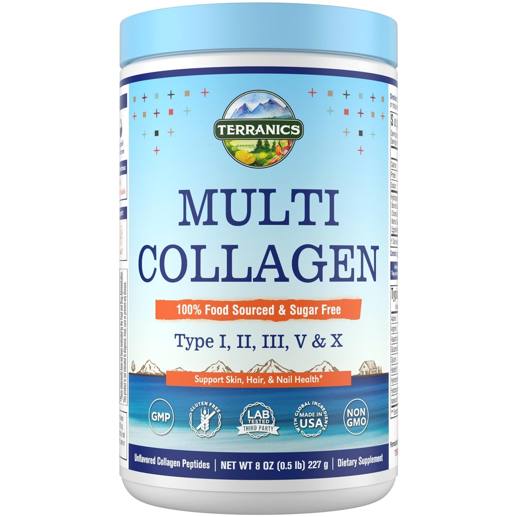 Terranics Multi Collagène Peptides Poudre, Type I II III V X Collagène pour les femmes et les hommes, Collagène Suppléments pour la peau, ongles, cheveux, facile à dissoudre, non aromatisé, sans sucre, Keto, 8oz