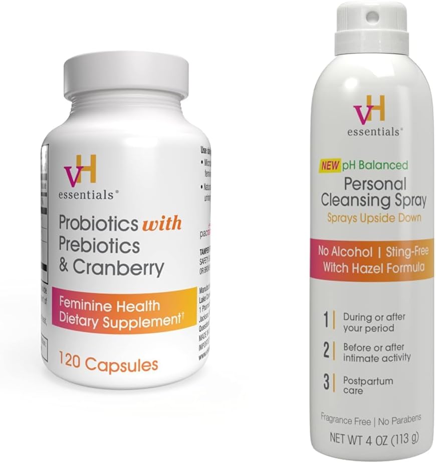 vH essentials Probiotics mit Präbiotika und Cranberry Feminine Health Supplement - 120 Kapseln und Personal Cleansing Spray Bundle