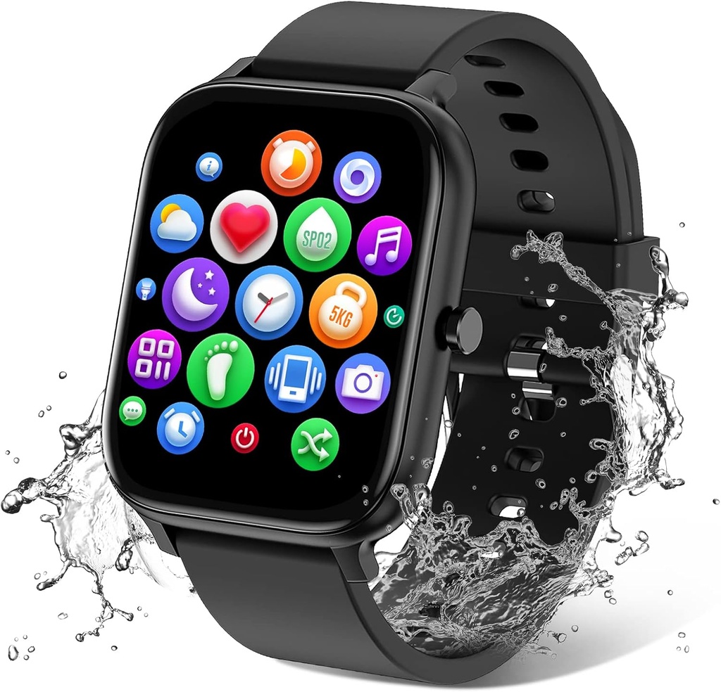 Smart Watch für Herren Damen Kompatibel mit iPhone Samsung Android Phone 1.83 Zoll Full Touch Screen IP68 wasserdicht Bluetooh Fitness Tracker Herzfrequenz/Schlaf-Monitor, Schwarz