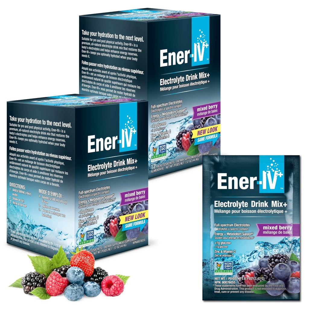 Mélange de boissons électrolytes Ener-IV - Packs de poudre d'électrolytes, boisson en poudre d'hydratation, mélange liquide d'hydrate, faible réhydratation du sucre pour les femmes et les hommes - Berry mélangé, 24 Compte