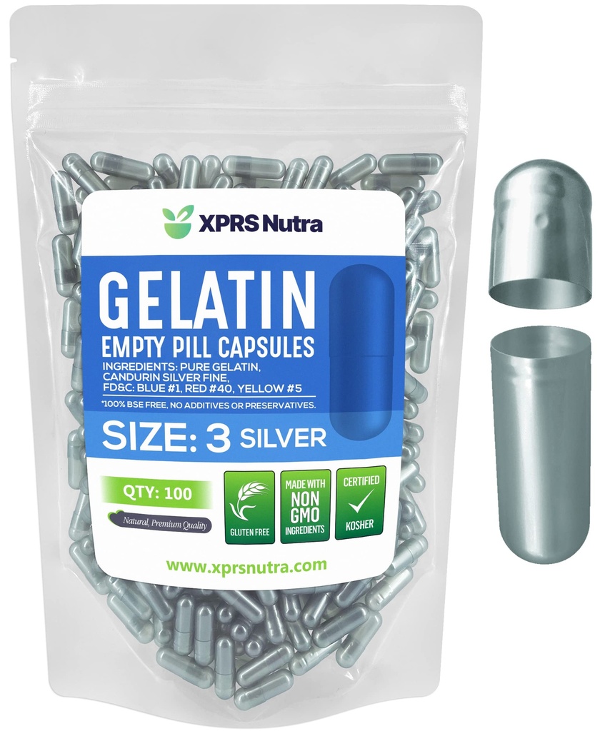 XPRS Nutra Taille 3 Capsules vides - 100 Compte Capsules de gélatine vides - Pills Bricolage Capsule Remplissage - Pure Pilule Gel Caps pour Do-It-Youlf Suppléments (Argent)