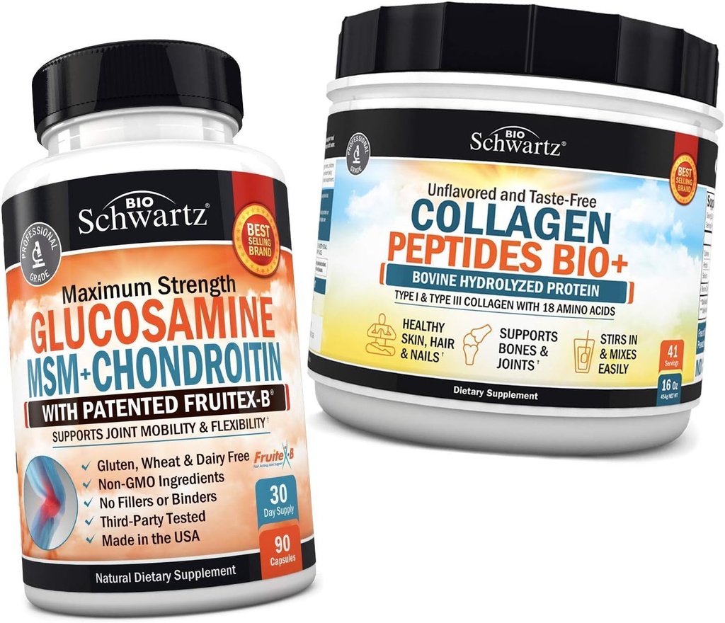 BioSchwartz Glucosamine Chondroitin MSM + Collagen Peptides Powder - Gesunde Knochen & Gelenkunterstützung - Fördert Flexibilität und unterstützt Knorpel