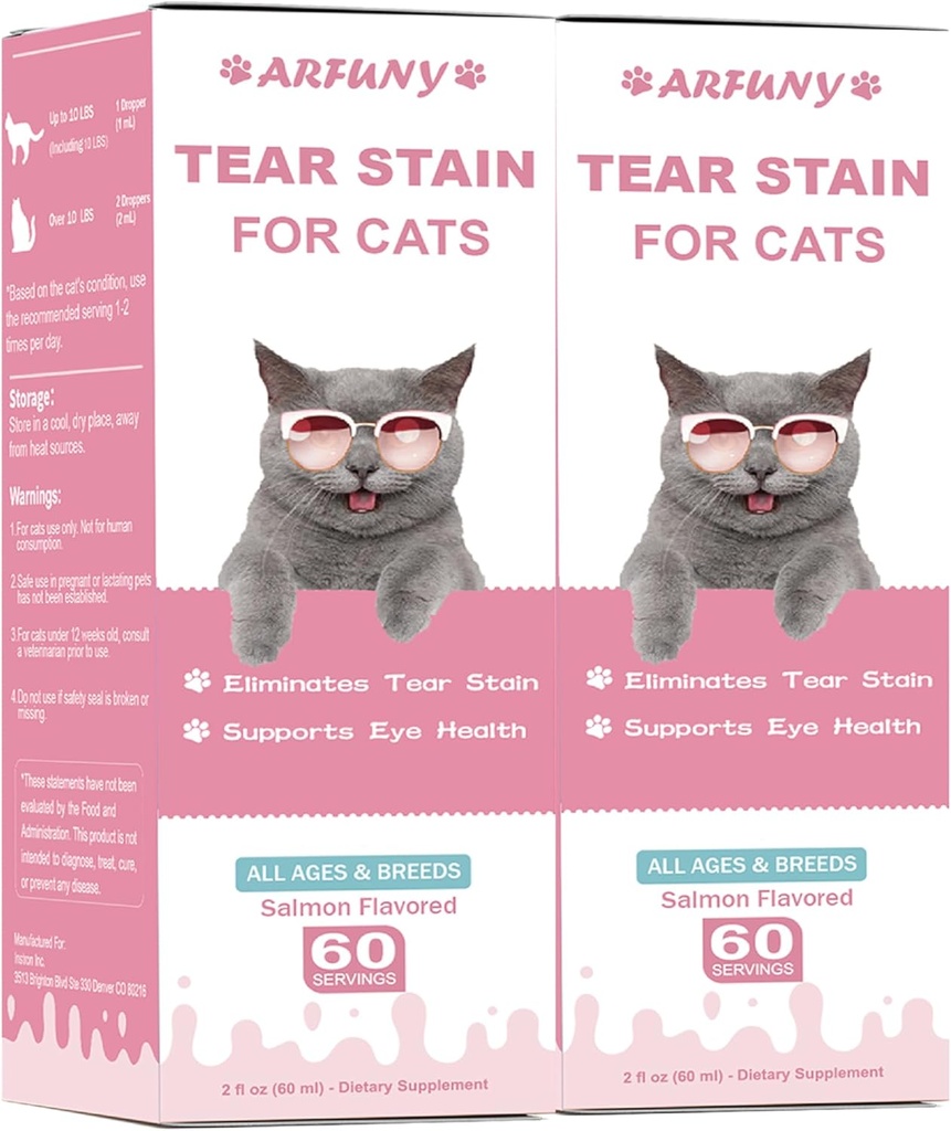 2 Packs Tear Stain Supplement für Katze - verhindern und beseitigen Katzen Tear Stains - 60ML Cat Tear Stain Remover Tropfen für Augengesundheit, Immunsystem - mit Cranberry, Marshmallow & Vitamins - Lachs