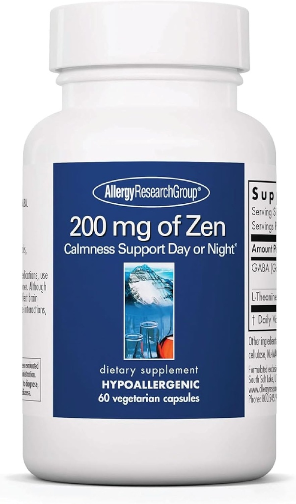 Allergy Research Group 200 mg Zen - GABA L-Theanine Supplement, Natürliche Beruhigung, Schlaf &amp; Entspannung Unterstützung für Frauen & Männer, Take Day oder Nacht für Entspannung & Beruhigung - 60 vegetarische Kapseln