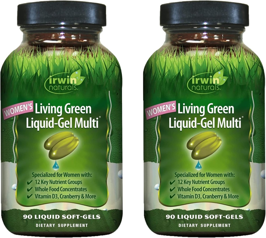 Irwin Naturals Women's Living Green Liquid-Gel Multi - 180 Liquid Soft-Gels (90 ct. 2 Pack) - Includes 70 Essential Nutrients, Vitamins & Minerals - 60 Total Servings