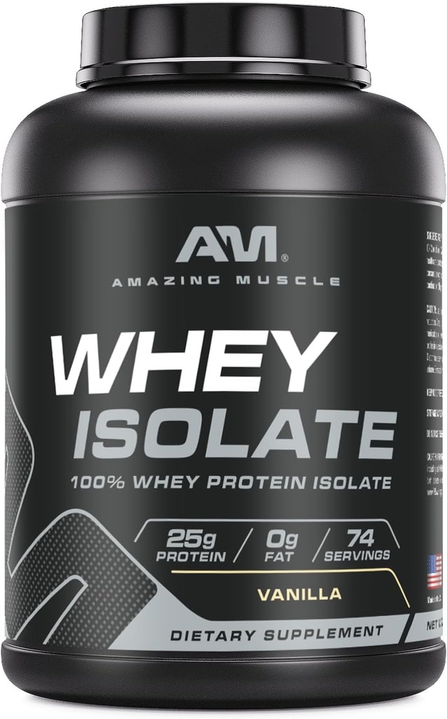 Amazing Muscle Whey Protein Isolate Powder | 25 Grams Protein Per Serving | 100% Whey Isolate | Zero Fat | Made in USA (5 Lb, Vanilla)