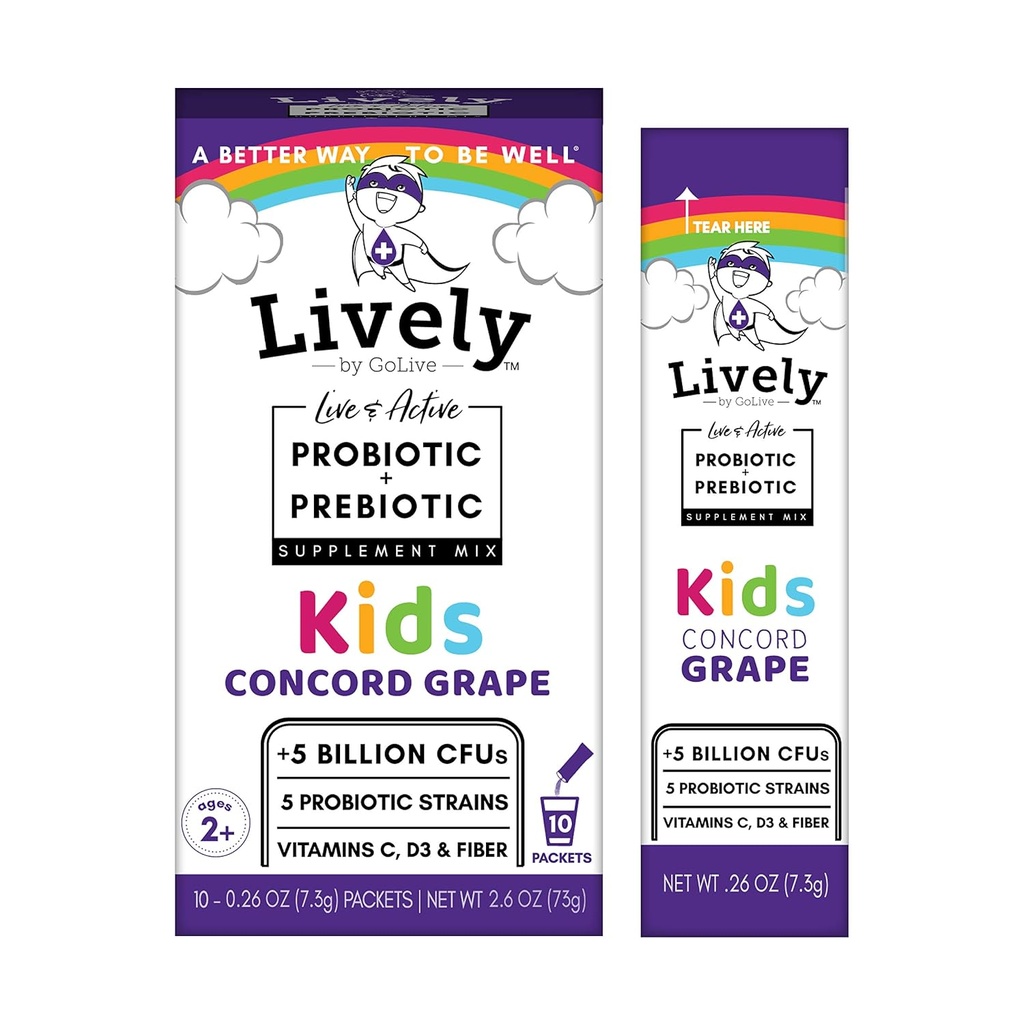 Lively (da GoLive) KIDS CONCORD GRAPE Synbiotics (Probiotics+Prebiotics); 5 Strains clinici; +5 miliardi di CFU. Probiotici & Prebiotici KIDS per Digestione, Metabolismo, Immunità. (10 Pacchetti)