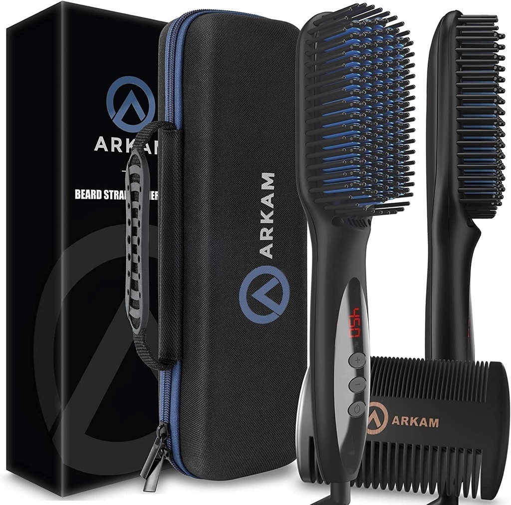 Arkam Bart Richter für Herren -Premium beheizte Bart Brush Kit w/Anti-Scald Feature, Dual Action Hair Comb und Hard Shell Travel Case für Medium bis Long Beards - Kostüm und Grooming Geschenke für Herren
