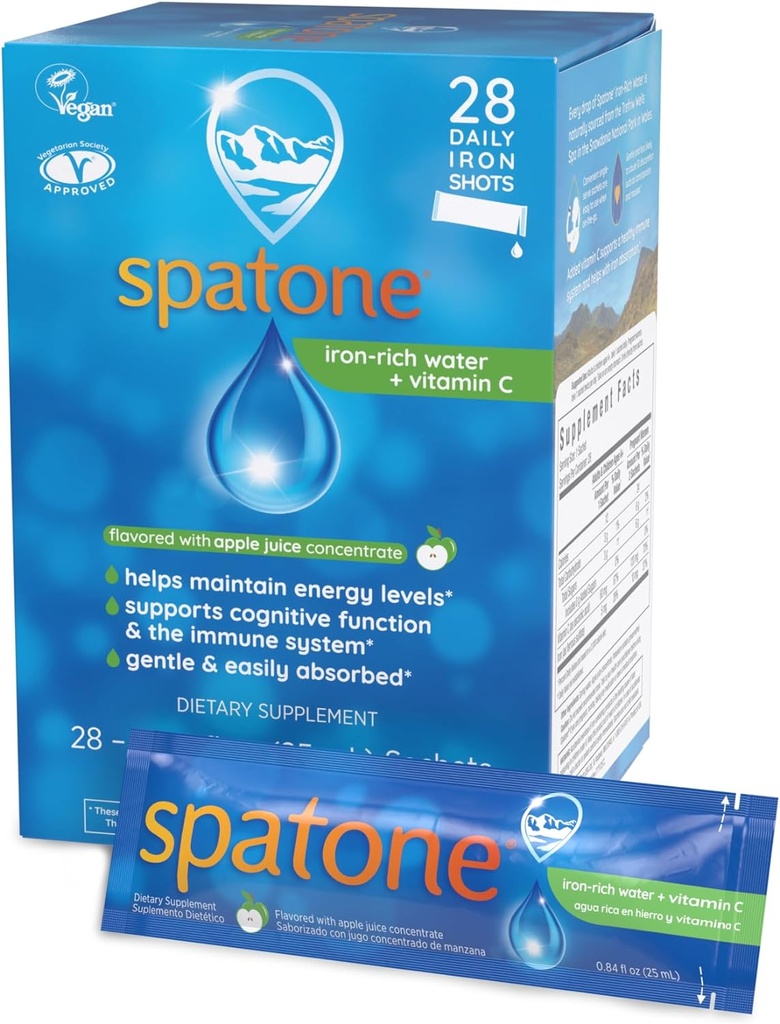 Spatone Natural Liquid Iron Supplement Plus VIT C für Damen - Herren &amp; Kinder Alter 4+ - Ideal während der Schwangerschaft - einfach absorbiert &amp; sanft - Vegan - Apple Flavor - 28-Tag - 5mg Eisen pro 20mL Sachet