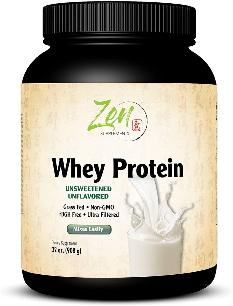 Zen Supplements - Organic Grass Fed Whey Protein 19g Per Serving Keto Friendly - Unflavored 32 Oz-Powder
