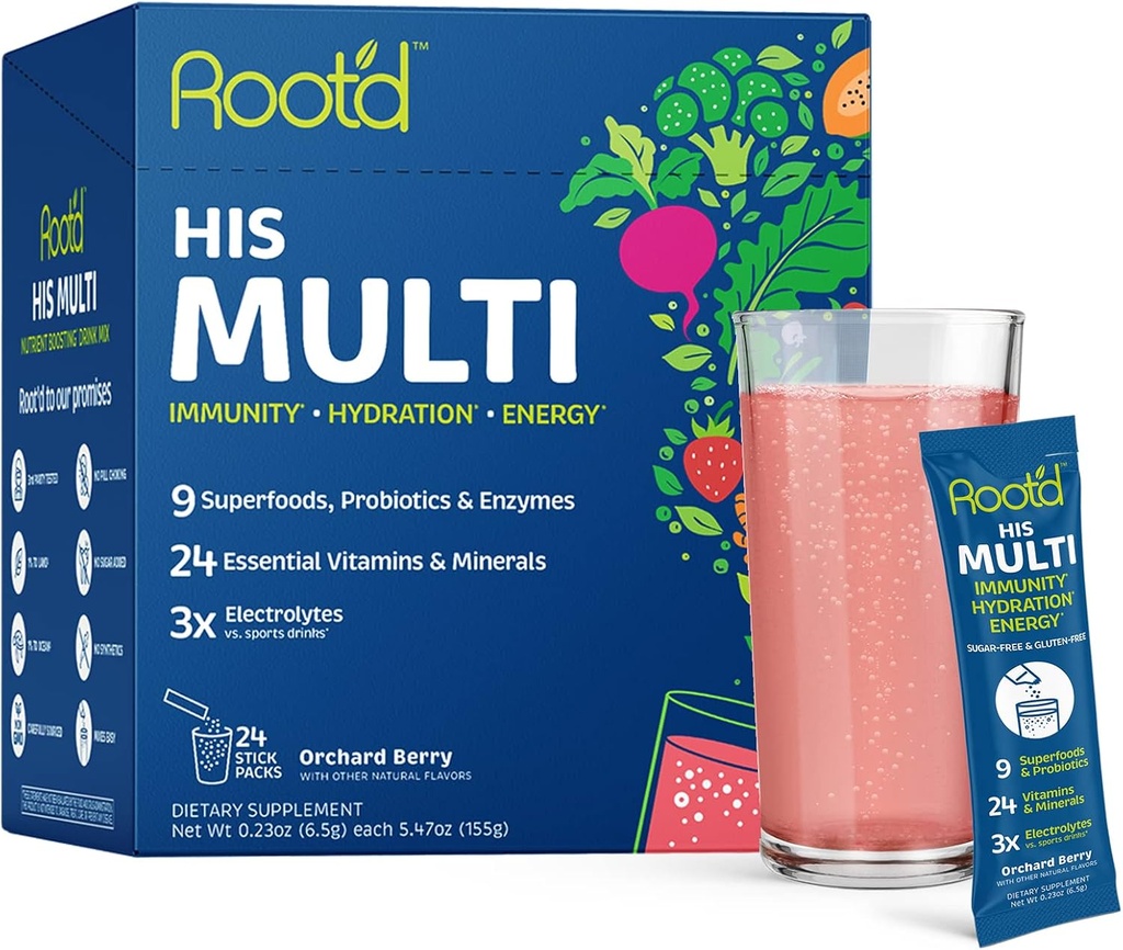 Polvere multivitaminica con 3X elettroliti per gli uomini - 24 vitamine e minerali, 3X elettroliti, 9 Superfood organici, Probiotici e enzimi, Multivitamina e idratazione senza zucchero | 24 confezioni