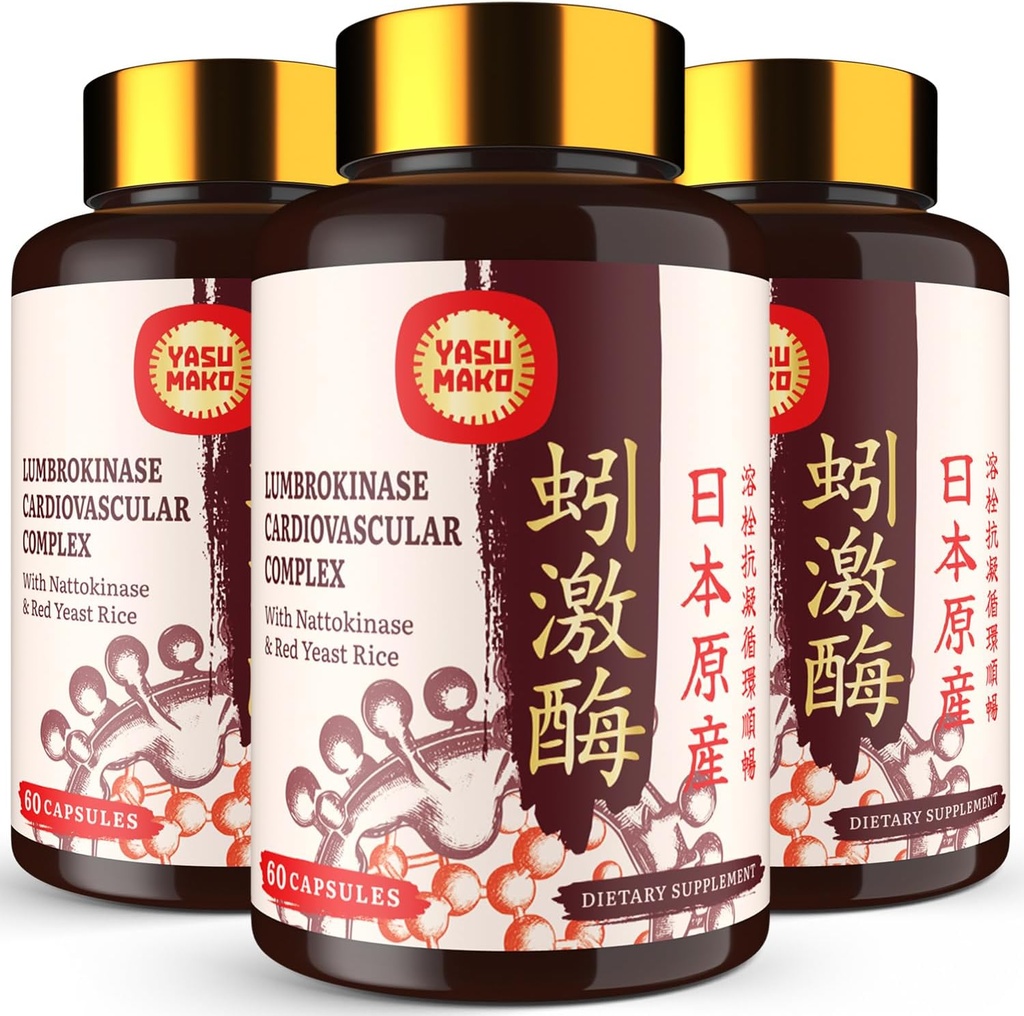 Lumbrokinase 100mg (Max Activity 1,000,000 LKU),Nattokinase 100mg-2,000 FU d'activité et Riz de levure rouge 300mg, Supplément enzymatiques de lumbrokinase pour Circulatoire,Cognition,180 Capsules (Pack of 3)