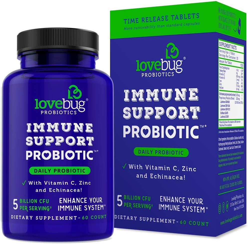 lovebug PROBIOTICS Immune support quotidien probiotique pour les hommes et les femmes, 40 milliards CFU et 6 souches, comprend vitamine C, zinc et échinacée, 30 capsules, végétalien et non-OGM