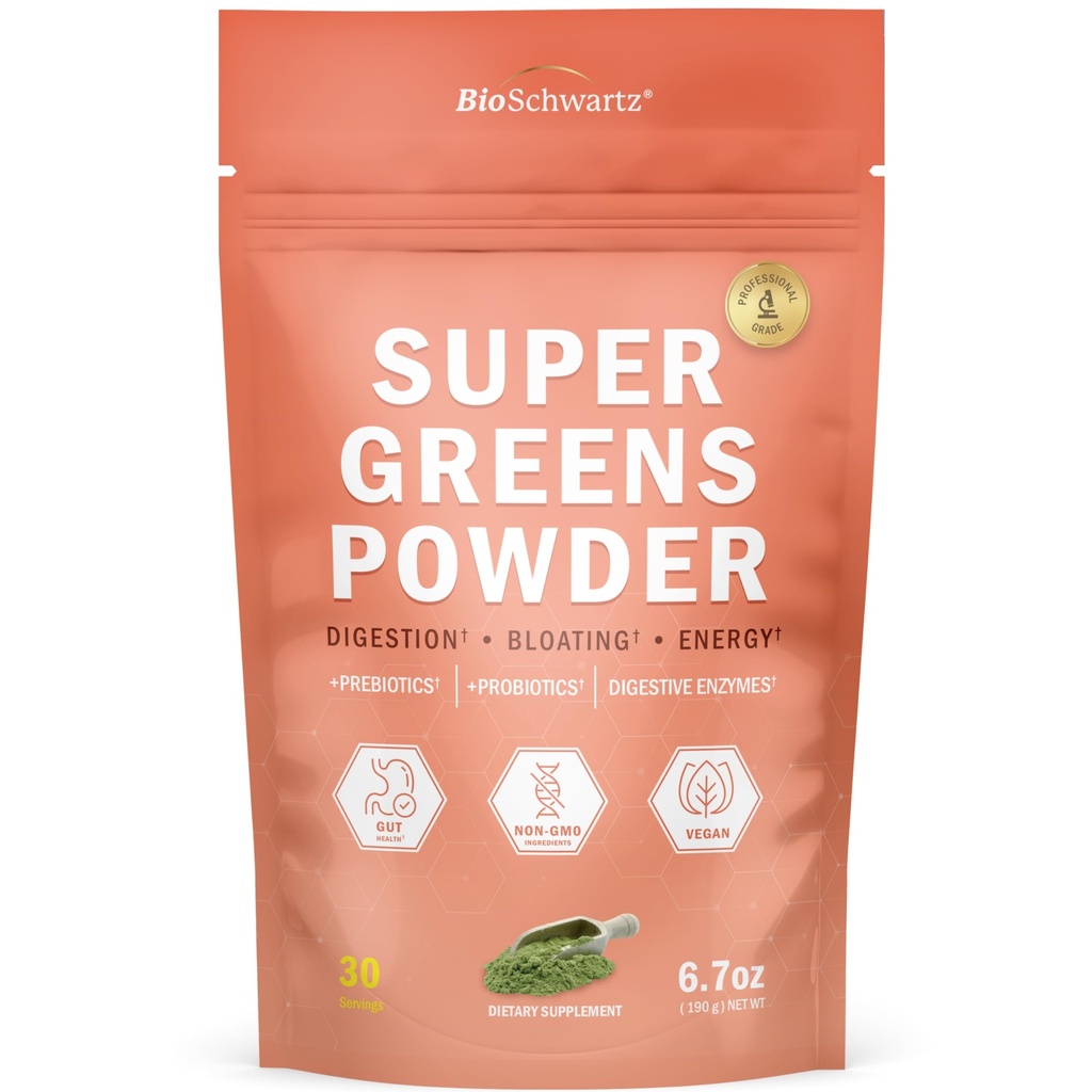 BioSchwartz Greens Powder Super Greens mit Probiotika, Präbiotika, Verdauungsenzyme & 43 Green Superfoods - Chlorophyll, Bilberry, Chlorella, Spirulina - Geschmacksrichtungen Erstaunlich - 30 Portionen