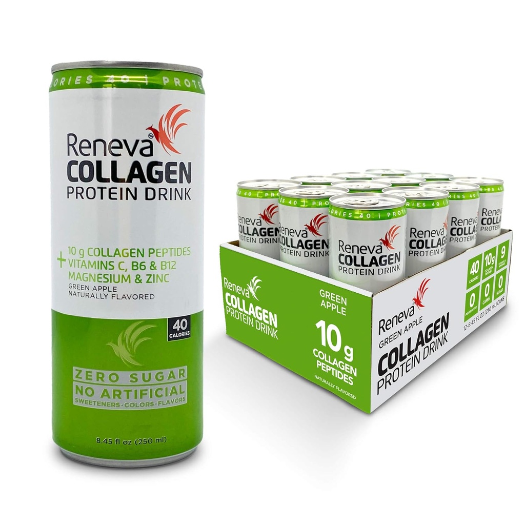 Reneva Collagen Protein Drink - 10g Collagen Peptides, Electrolytes, B-Vitamins, Zinc, and Zero Sugar (Green Apple)