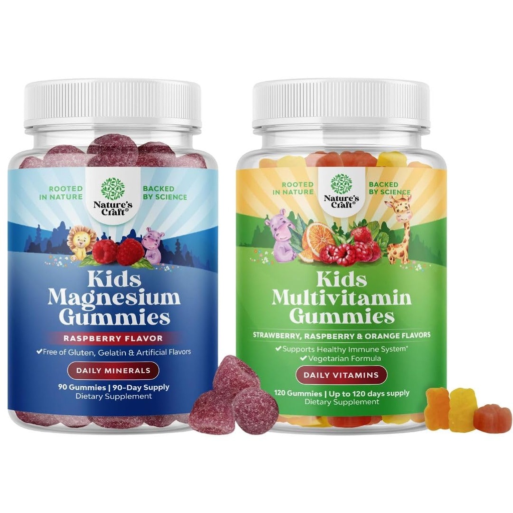 Bundle of Kids Magnesium Gummies - Supplemento per la salute, i muscoli e il supporto cardiaco sano, e Plant Based Kids Multivitamin Gummies - Multivitamina per il supporto immunità con vitamine A C D3 E B