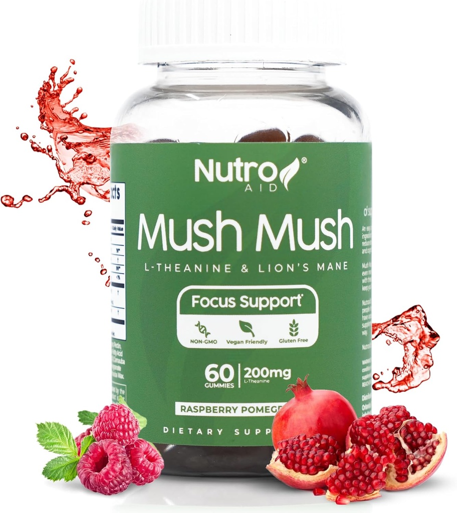 Supplément de la Mane des Lions - Gommies de Champignons - Mush Mush Genius Champignons Magic Mind - Promote Focus avec L-Theanine & Lions Mane - Framboise et grenade Saveur pour Perk Energy - 60 Gommies