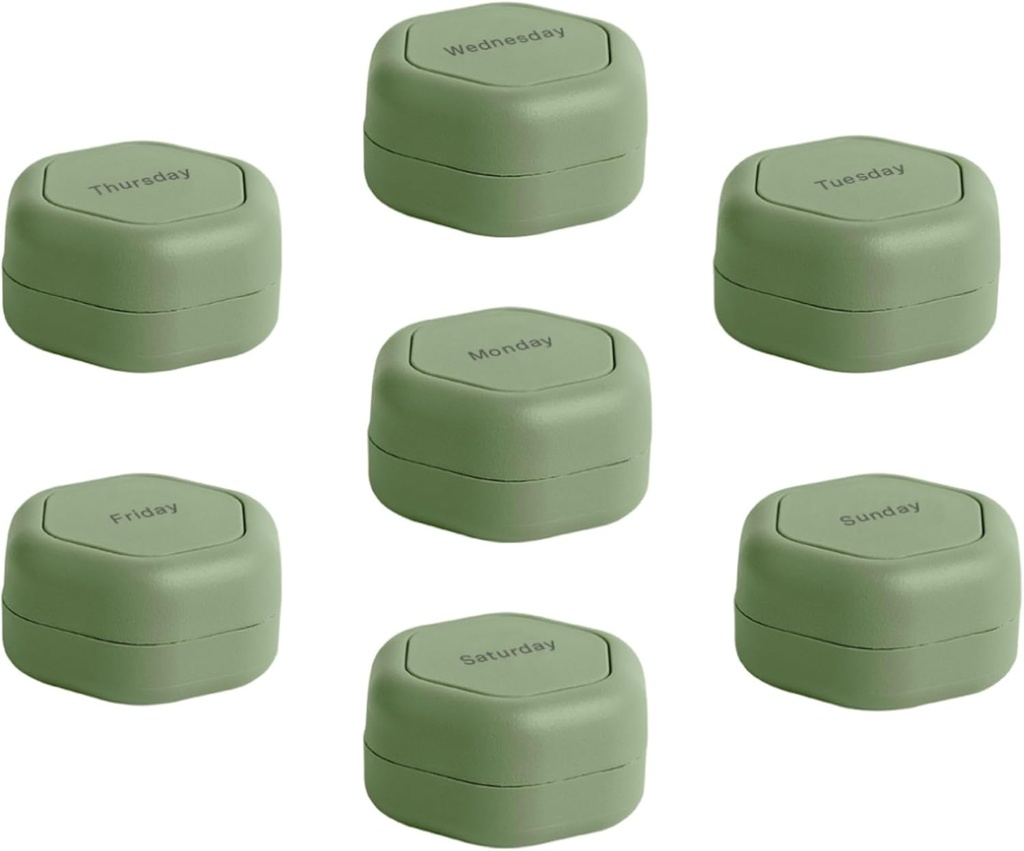 Cadence Contenants de voyage - Ensemble de cas de pilule - Capsules de voyage magnétiques, Organisateur de médicaments quotidiens pour pilules, suppléments et vitamines - 7 petites Flex (0.56oz) pour Organisateur de pilule hebdomadaire - Eucalyptus
