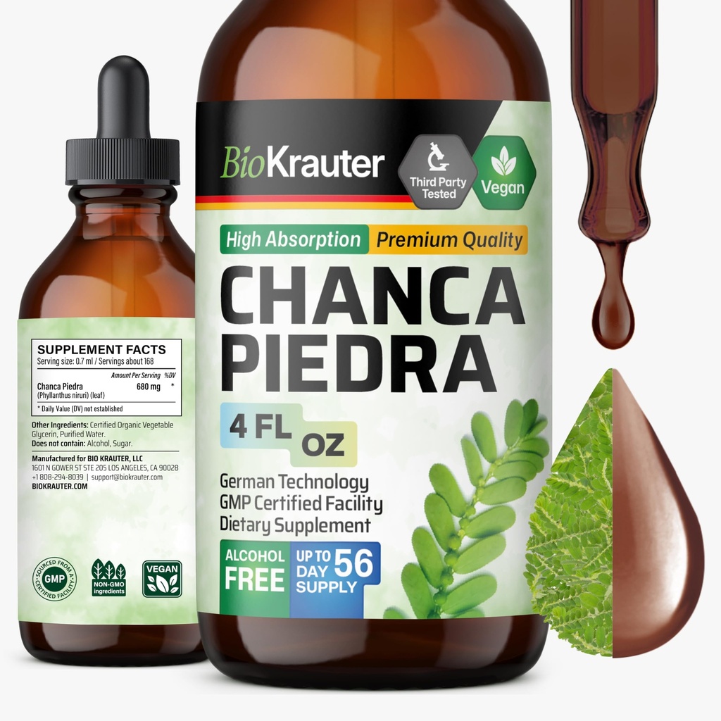 BIO KRAUTER Chanca Piedra Tecture - Natural Rein Health Support Liquide - Chanca Piedra Stone Breaker & Gallbladder Cleanse Formule - Vegan, Alcool & Sugar Free Drops - 4 oz