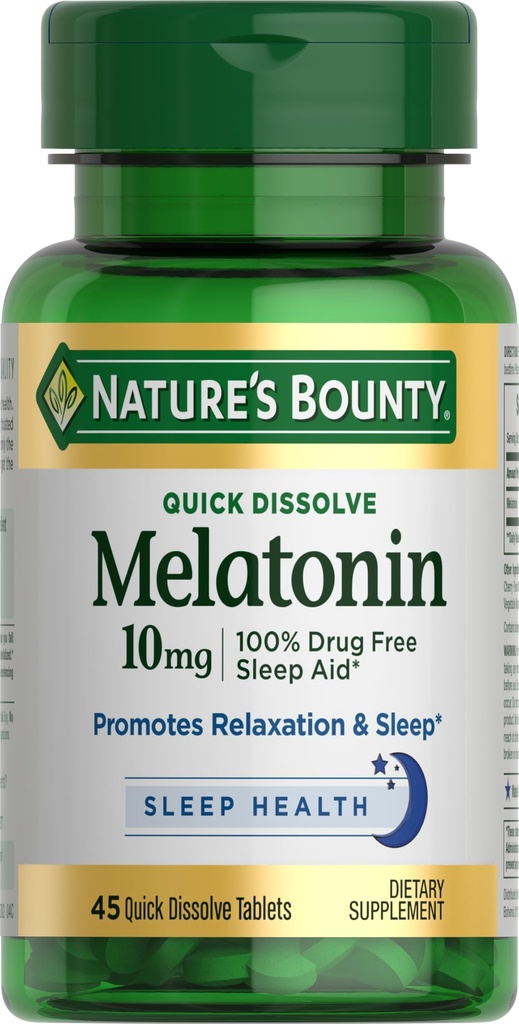 Nature's Bounty Melatonin, 100% Drug Free Sleep Aid, Nahrungsergänzung, fördert Entspannung und Schlaf Gesundheit, 10mg, 45 Quick Dissolve Tablets