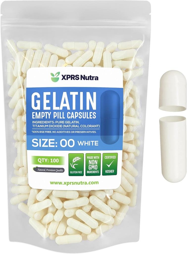 XPRS Nutra Größe 00 Leere Kapseln - 100 Count Leere Gelatine Kapseln - DIY Kapsel Füllung - Fillable Pill Gel Kapseln für Do-It-Yourself Ergänzungen (Weiß)