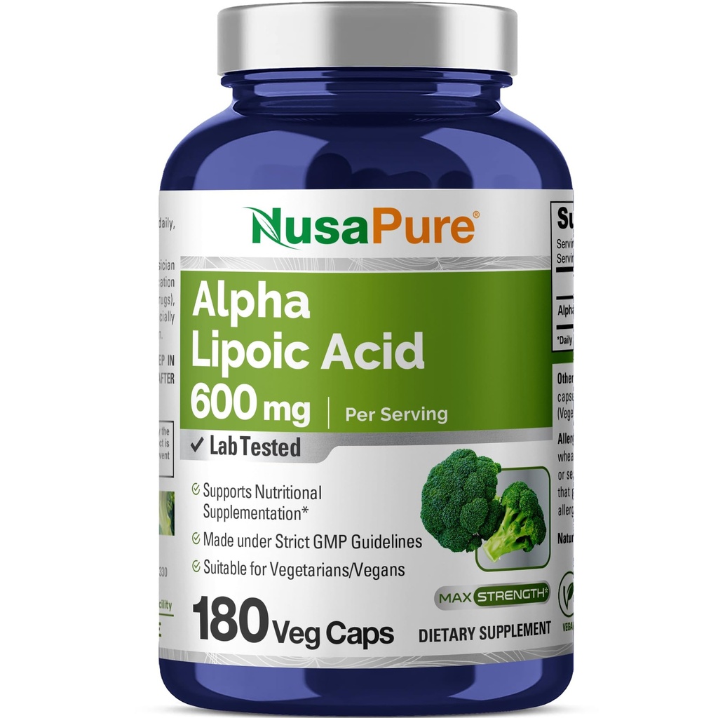 NusaPure Alpha acide lipoïque 600 mg par portion de 180 gélules de légumes (Végétarien, non-OGM, végétalien)