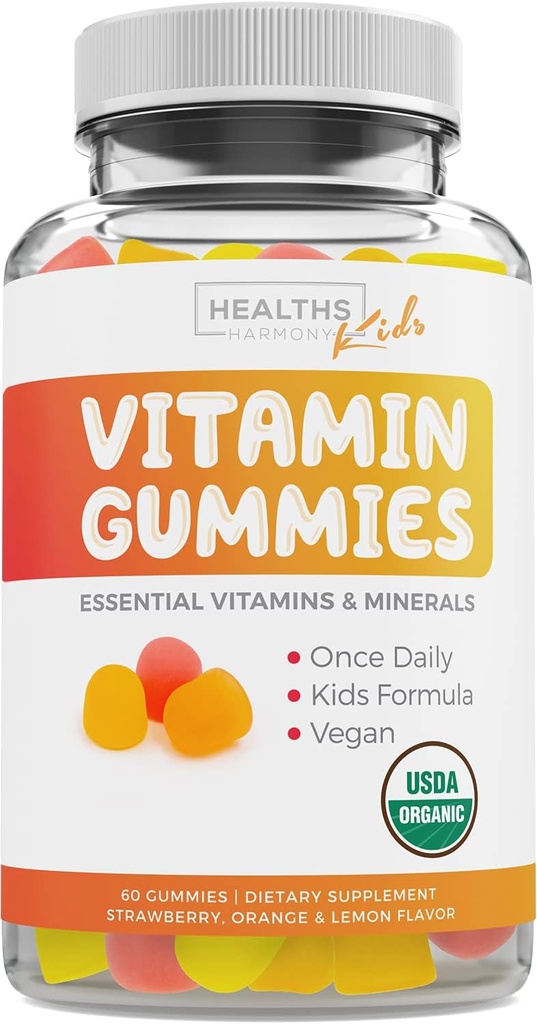 USDA Organic Kids Vitamin Gummis (Non-GMO) Yummy Natural Fruit Flavors - Komplette Kinder Multivitamin Gummis: Vitamin C, D, B, A, Zink - Ergänzung für Energie, Stimmung, Immununterstützung - 60 Gummy Vitamine