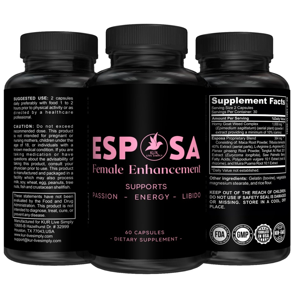 Esposa Female Libido Booster per le donne – Passione Reignite, Aumentare l'energia e la sensibilità, Boost Mood & Desire – Made in USA naturale femminile Pillole di miglioramento con Horny Goat Weed – 60 capsule