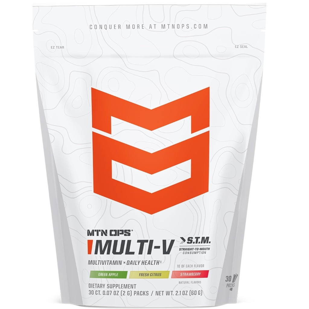 MTN OPS Multi-V, Multivitaminico giornaliero per donne e uomini con supporto immunitario, sicuro per i bambini, senza glutine STM Pack, varietà di sapori, 30 Serve