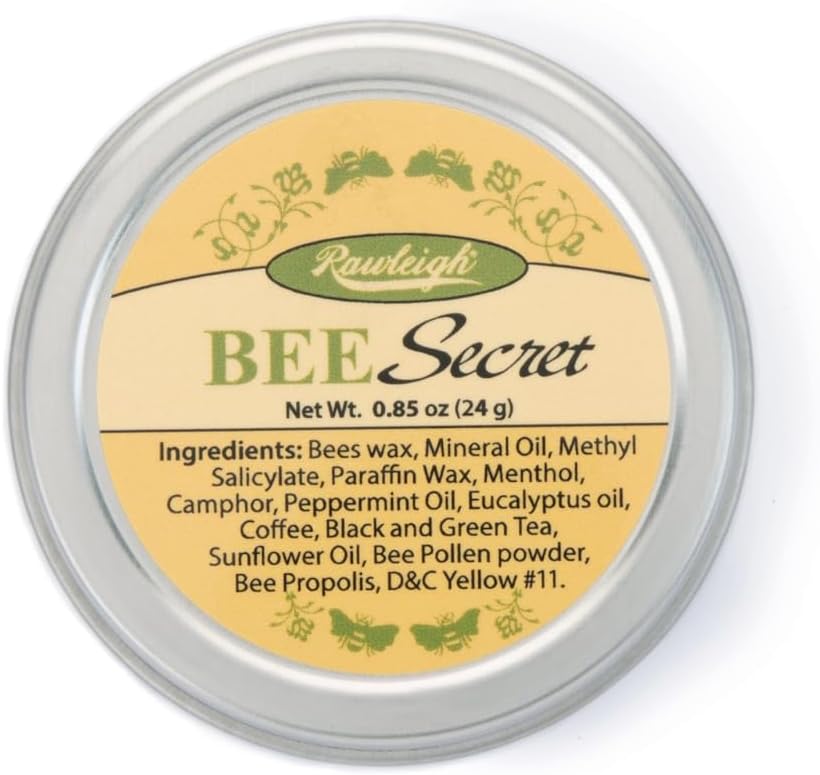 Baume apaisant secret de l'abeille Rawleigh: 0,85 oz, Baume tout naturel pour les muscles douloureux, les douleurs, les plaies froides, les maux de tête avec cire d'abeille, Pollen & Propolis + Huiles de menthe poivrée et d'eucalyptus, lot de 1