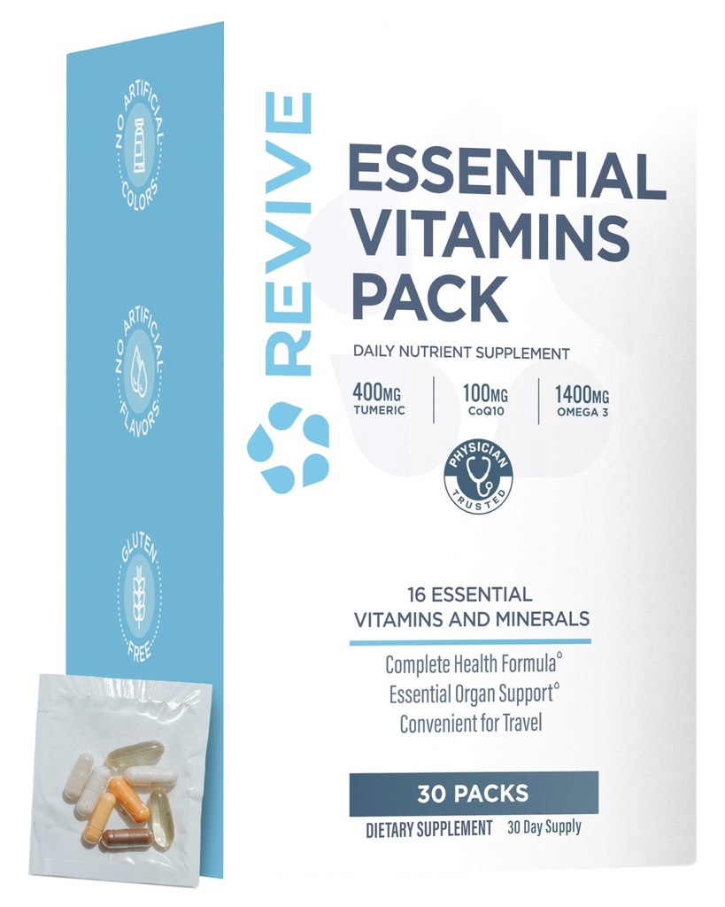Revive MD Packs de vitamines essentielles pour les femmes et les hommes, Pack de vitamines suppléments nutritionnels quotidiens - Packs de multivitamines voyage-friendly avec Arjuna et l'extrait de curcuma soutien santé coeur, articulations et organes