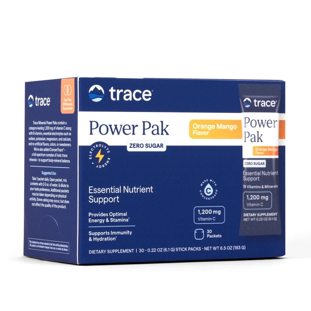 Trace Minerals Power Pak Multivitamin und Multimineral Packets - Elektrolytunterstützung - 1200 mg Vitamin C Plus 70 Sugar Free - Orange Mango Flavor - 30 Packungen
